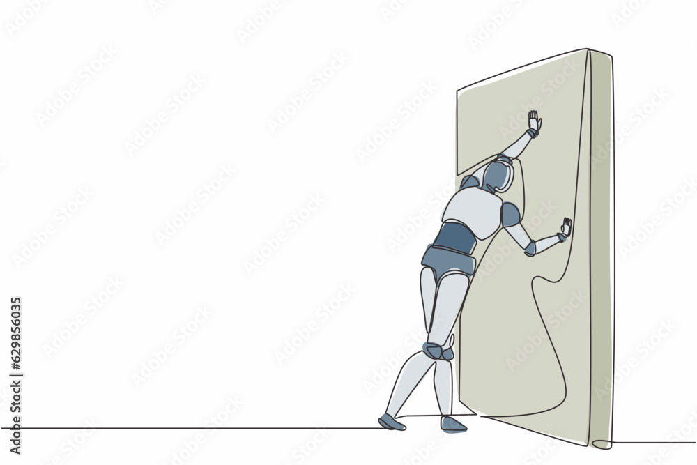 Poster continuous one line drawing robot pushing wall. challenge and problem solution. humanoid robot cyber