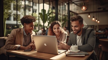 Fototapeta premium businessman sharing ideas with colleagues at workplace. Confident male professional is discussing with coworkers. They are wearing smart casuals in creative office,ai generate