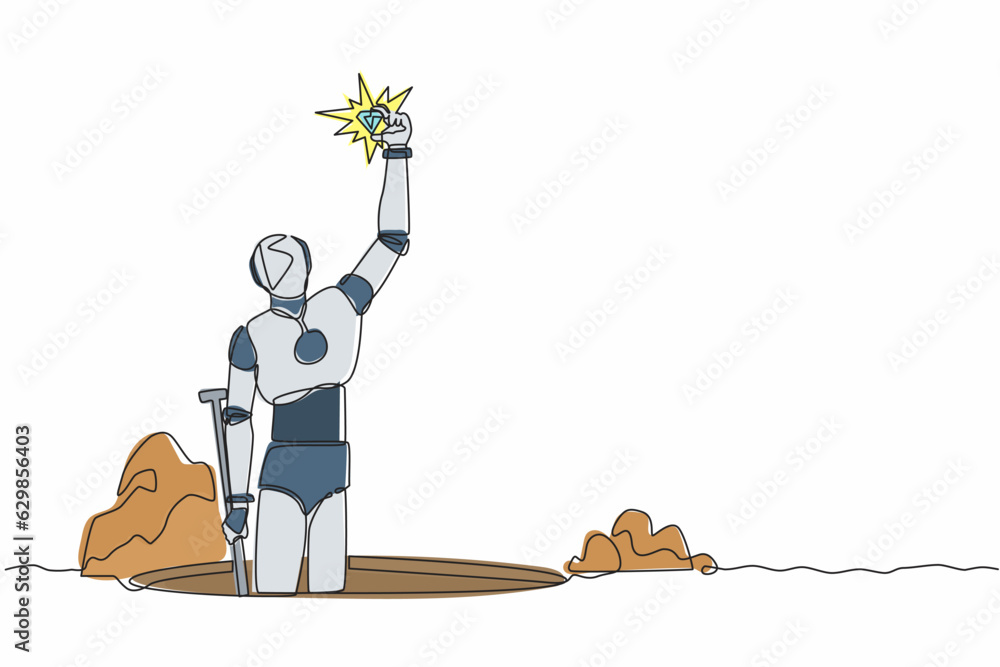 Poster single continuous line drawing robot digging hole and find diamond from ground. modern robotic artif