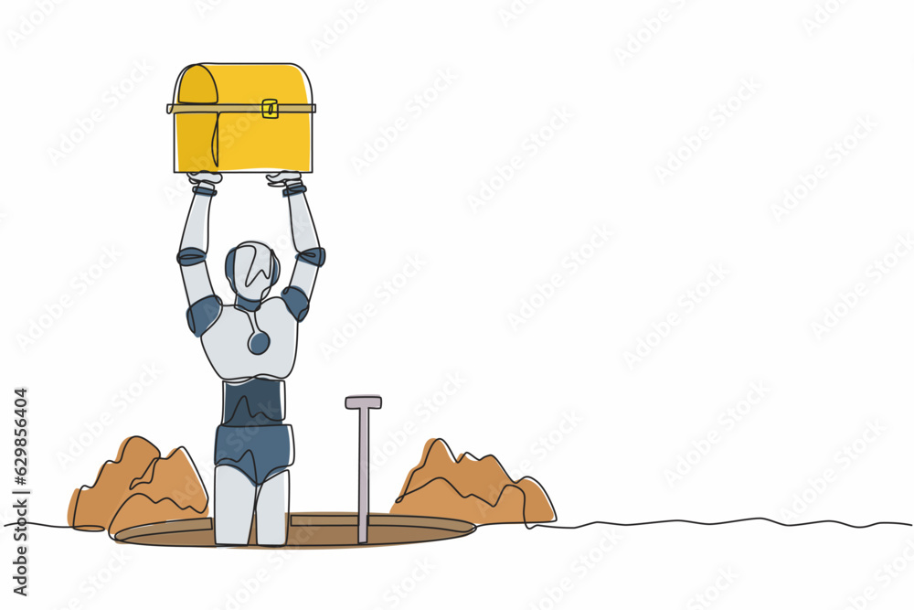 Poster single continuous line drawing robot standing in digging hole and lifting chest treasure. modern rob