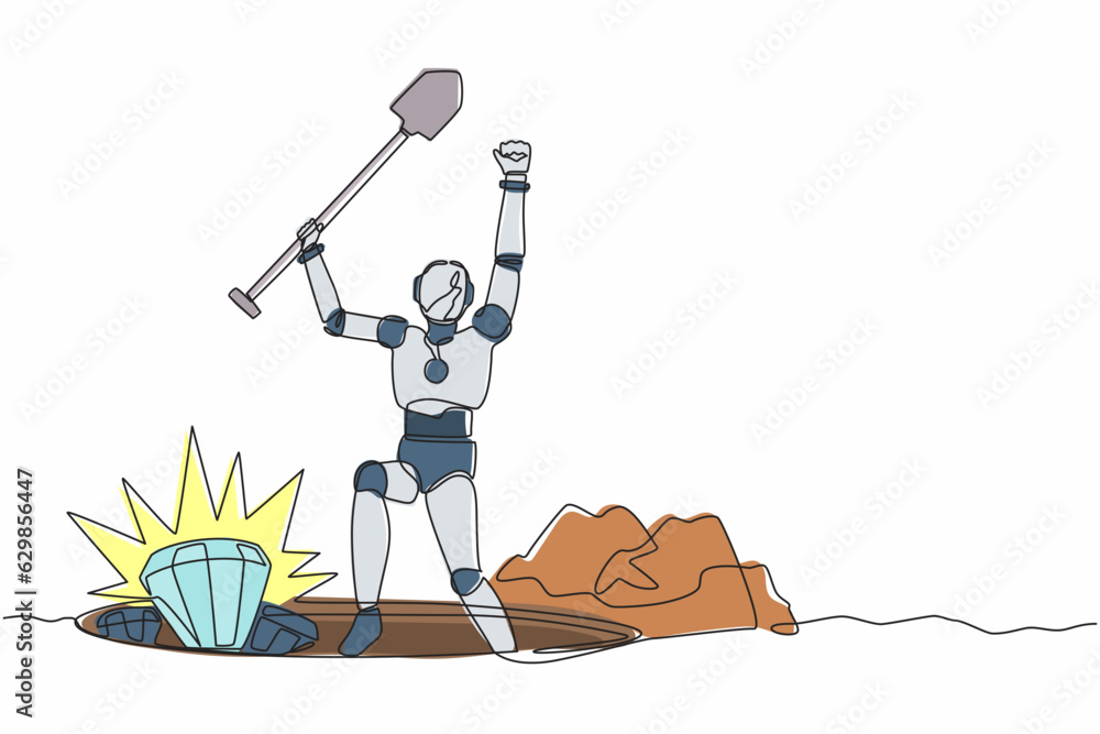 Poster continuous one line drawing happy robot lifting shovel and finding diamond. humanoid robot cyberneti