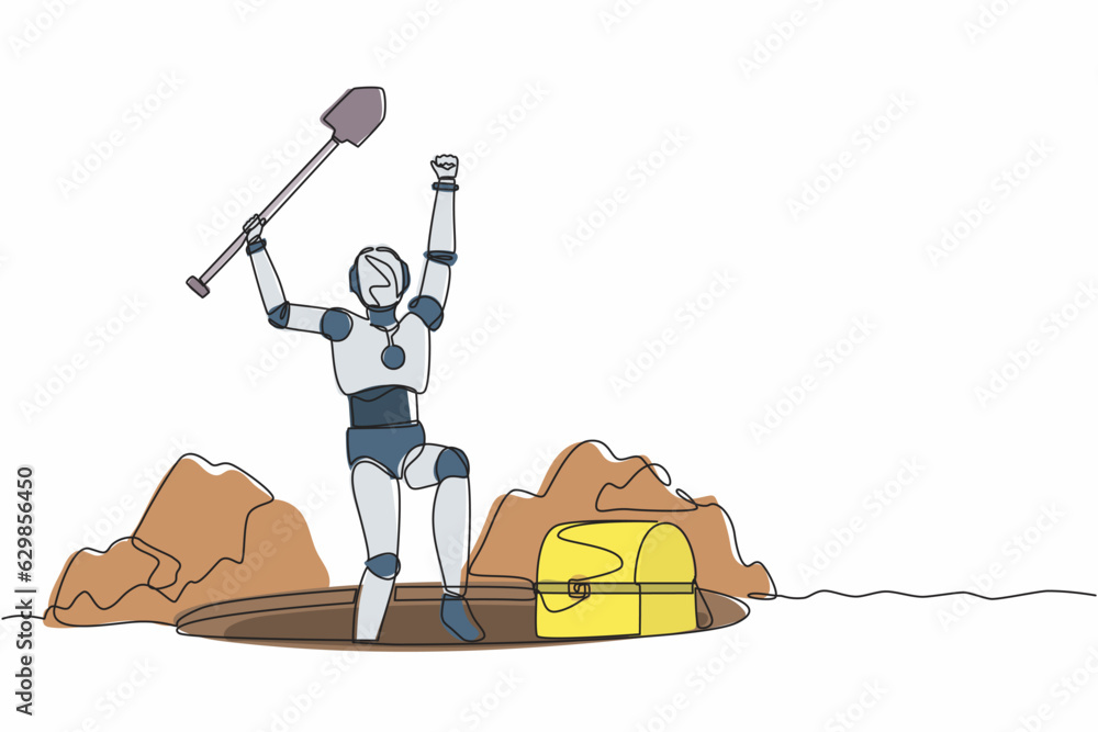 Aufkleber continuous one line drawing happy robot lifting shovel and finding chest treasure. humanoid robot cy