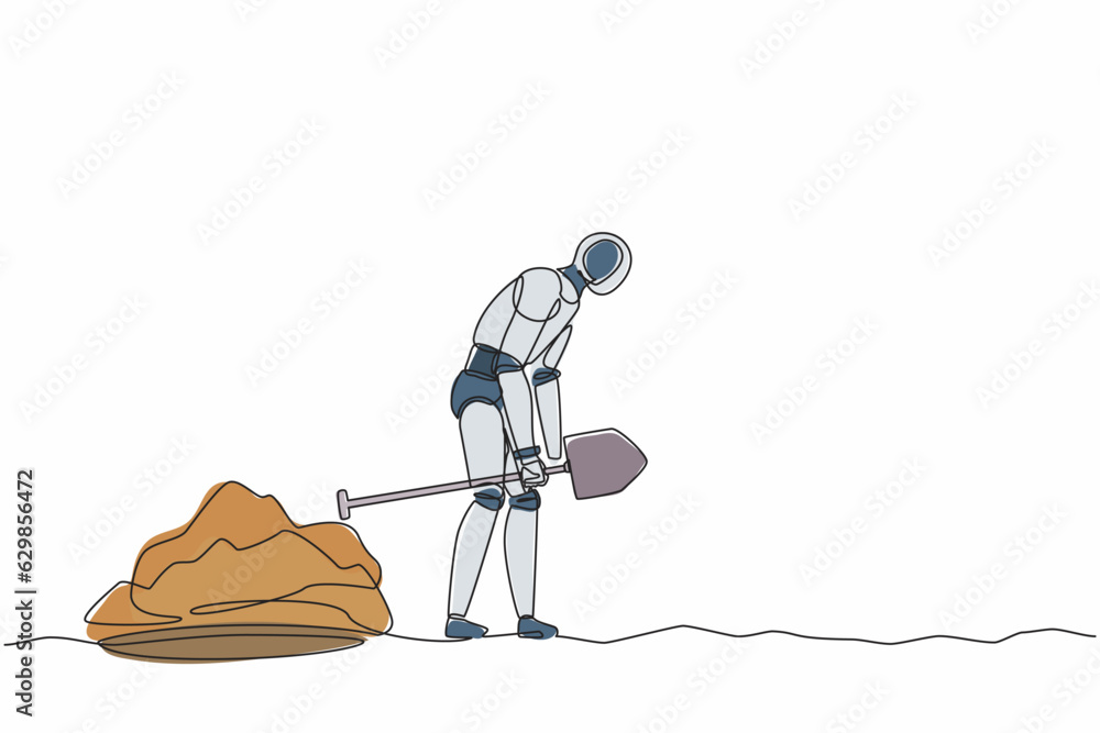 Poster single one line drawing robot walking unsteadily leaving hole dug dragging shovel. future technology