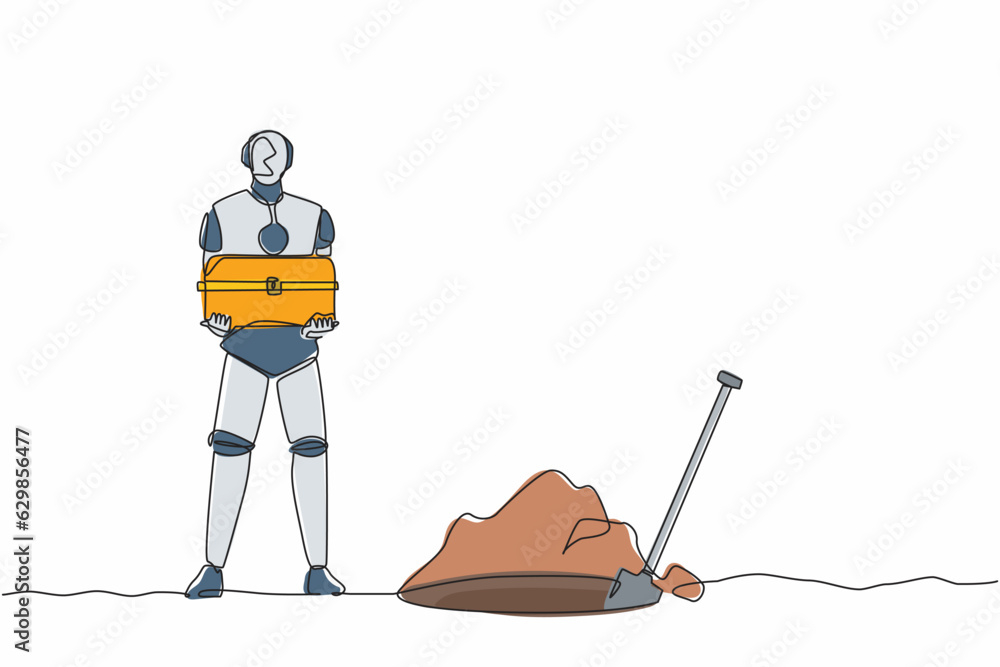 Poster single continuous line drawing robot standing near digging hole and holding chest treasure. robotic 