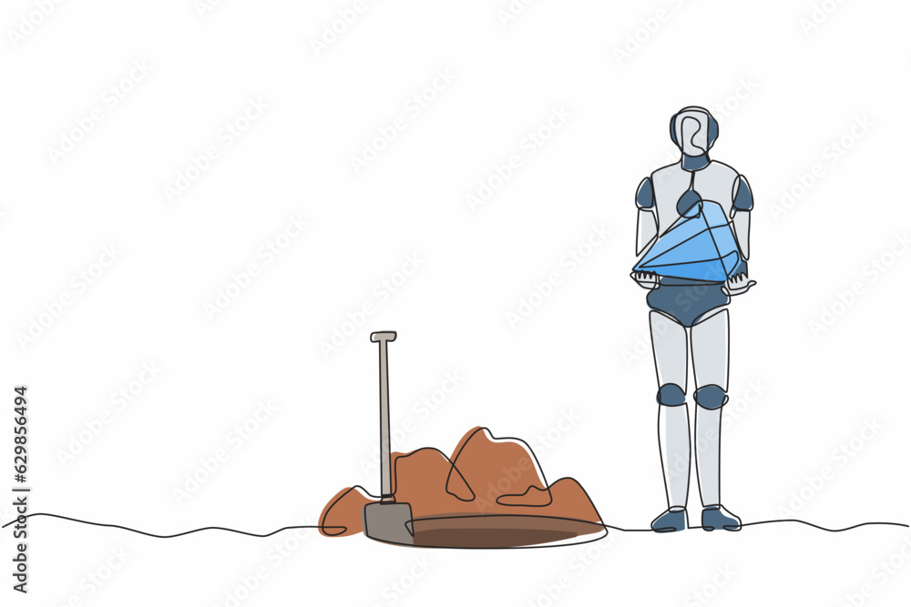 Poster single one line drawing robot standing and holding big diamond. future technology development. artif