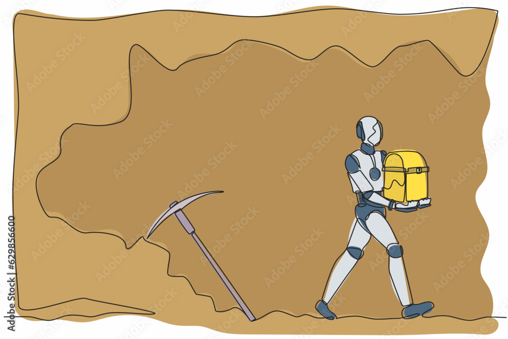 Poster continuous one line drawing robot carrying treasure chest from underground. humanoid robot cyberneti