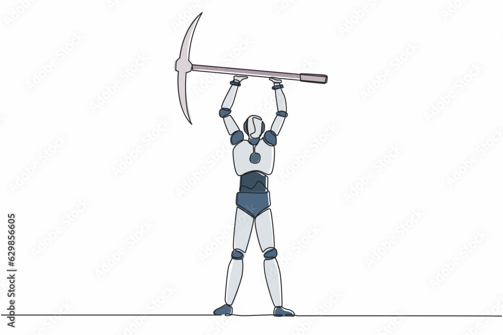 Poster single one line drawing robot standing and lifting big pickaxe. future technology development. artif