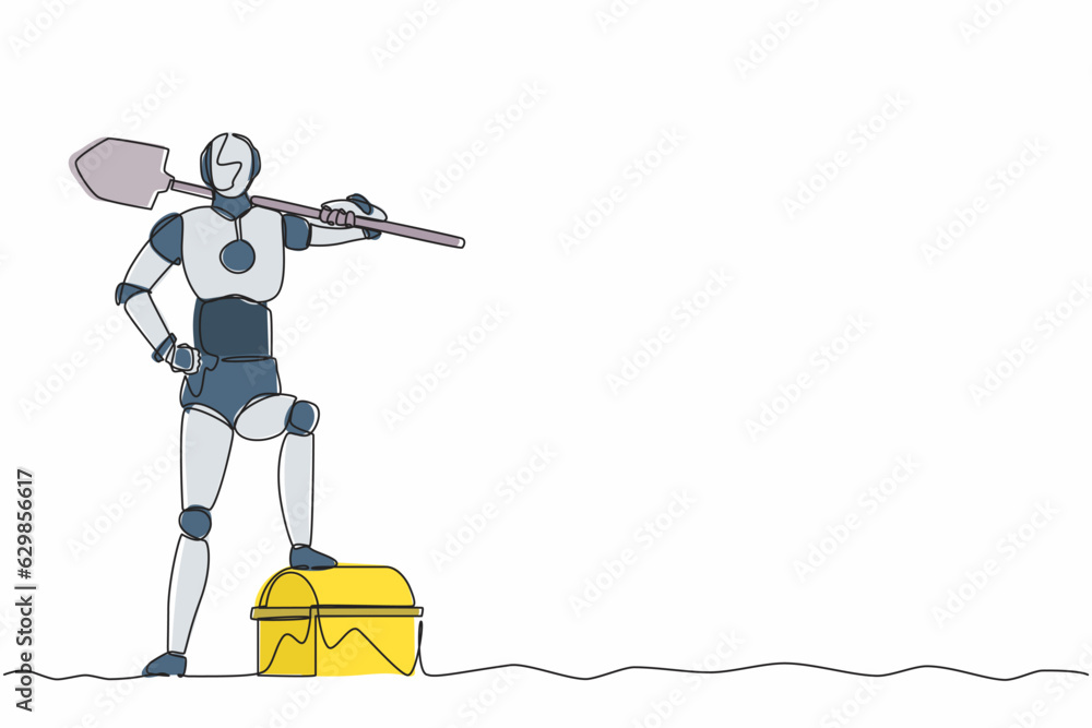 Poster single continuous line drawing robot digging ground with shovel and finding treasure chest. robotic 