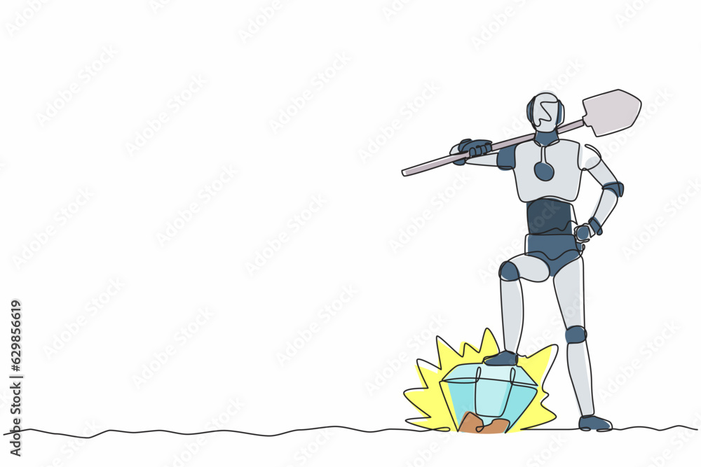 Aufkleber single continuous line drawing robot digging ground with shovel finding big diamond. robotic artific