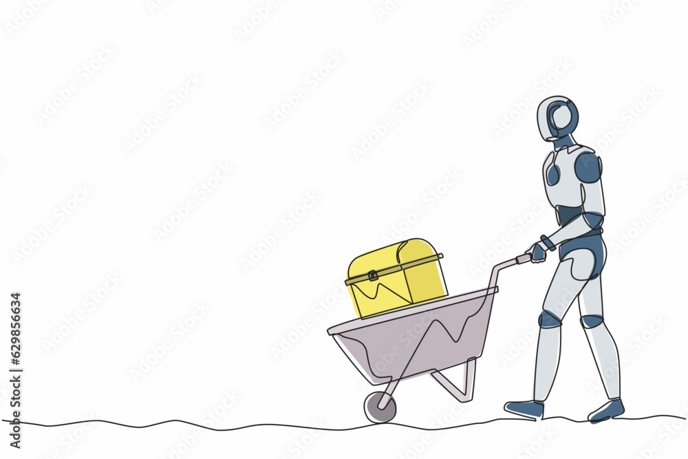 Poster single one line drawing robot walking and pushing trolley with chest treasure. future technology dev