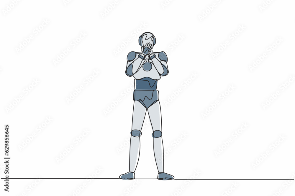 Poster single one line drawing robot covering mouth with hands, shocked with shame for mistake. future tech