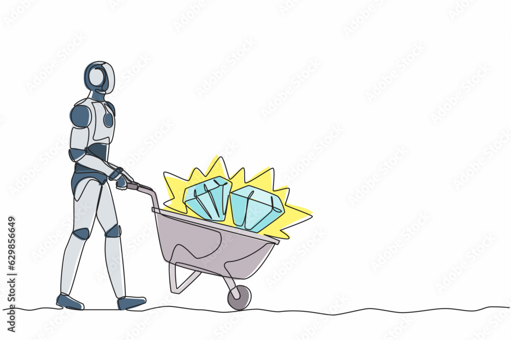 Poster continuous one line drawing robot walking and pushing trolley full of diamonds. humanoid robot cyber