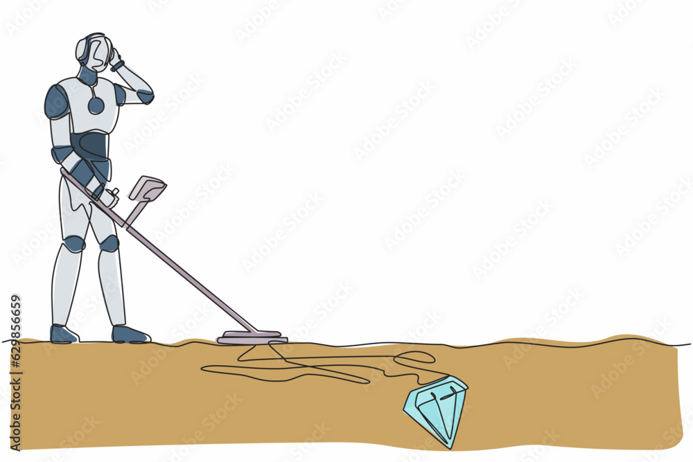 Poster single one line drawing robot with metal detector looking for diamonds. future technology developmen