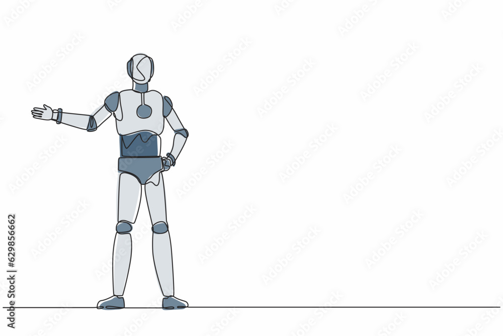 Poster continuous one line drawing robot showing something or presenting project. humanoid robot cybernetic