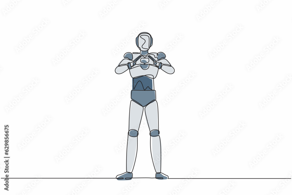 Poster single one line drawing robot making or gesturing heart symbol with fingers in front of chest. futur