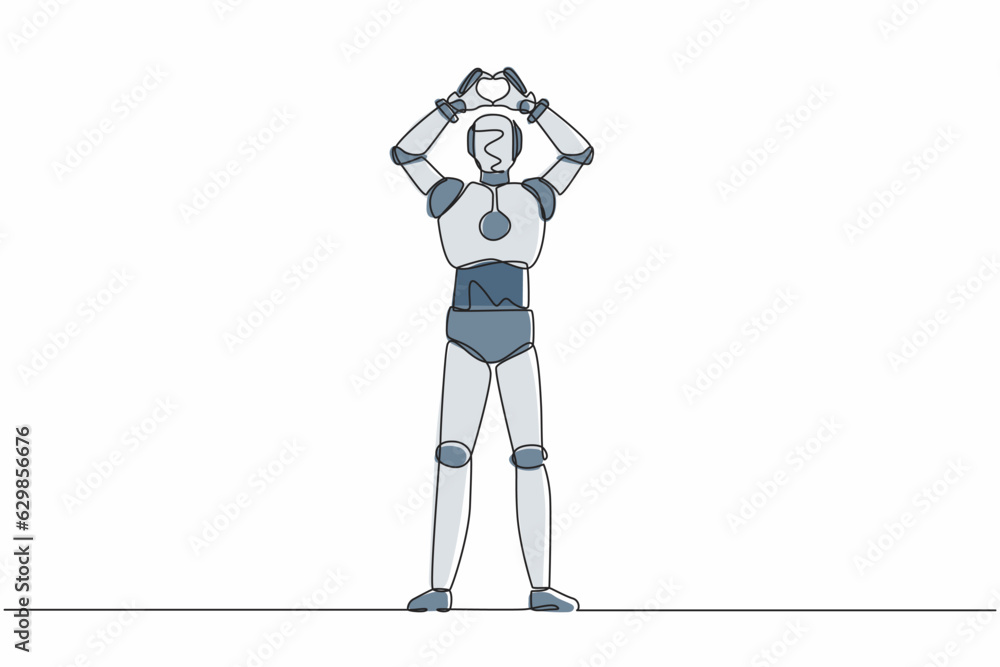 Poster single continuous line drawing robot making or gesturing heart symbol with fingers over head. roboti