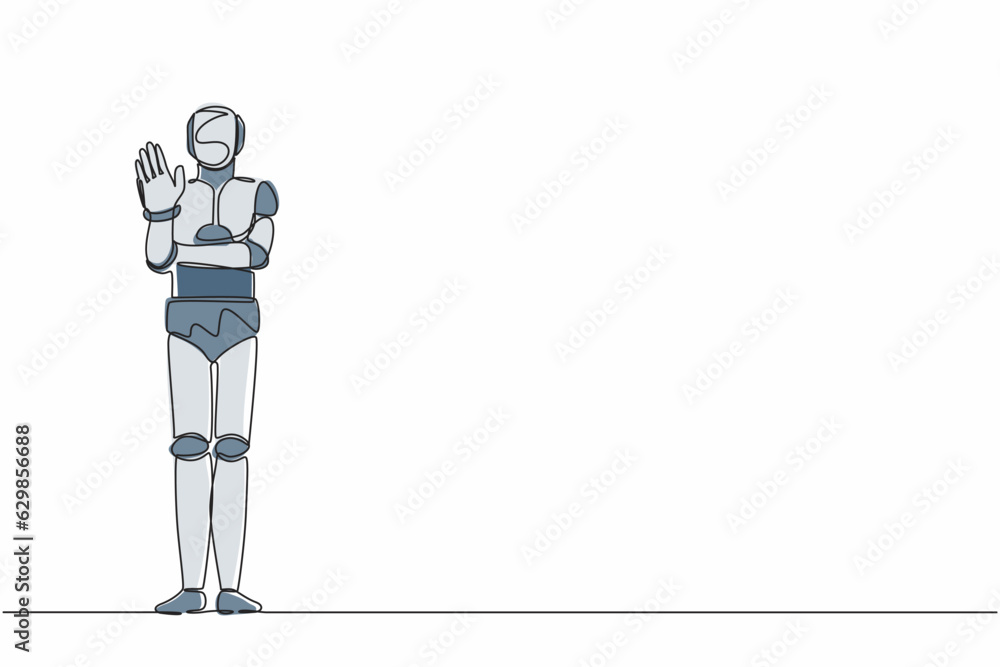 Poster single one line drawing robot showing palm as stop sign, stay, hold or rejection gesture. future tec