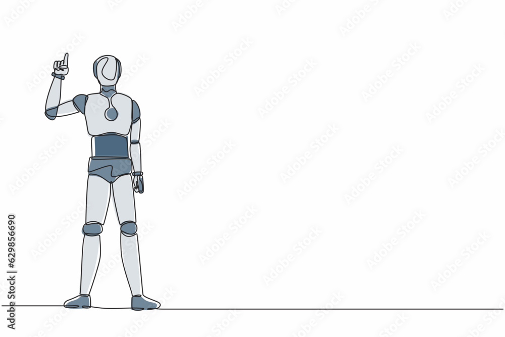 Poster single continuous line drawing robot finger index up gesture. emotion and body language. robotic art