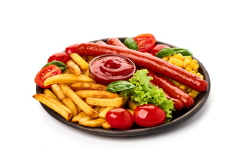 BBQ Roasted pork sausages with french fries, close-up, isolated on white background.
