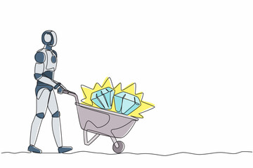 Continuous one line drawing robot walking and pushing trolley full of diamonds. Humanoid robot cybernetic organism. Future robotics development concept. Single line design vector graphic illustration