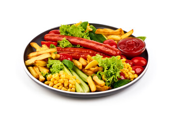 Roasted sausages with french fries, close-up, isolated on white background.