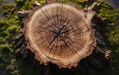 Cross section of tree stump. Top view.