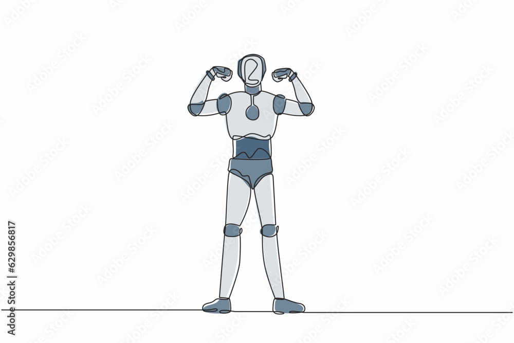 Poster continuous one line drawing robot with gestures two hand fist up. strong humanoid robot cybernetic o