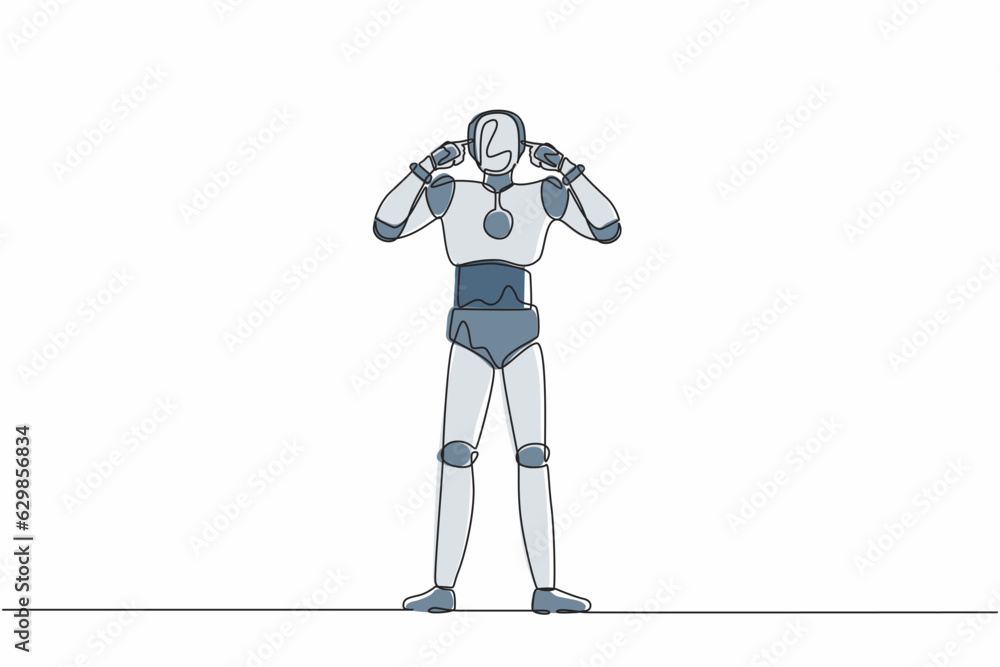Poster single one line drawing robot covering ears with fingers with annoyed expression for noise of loud s