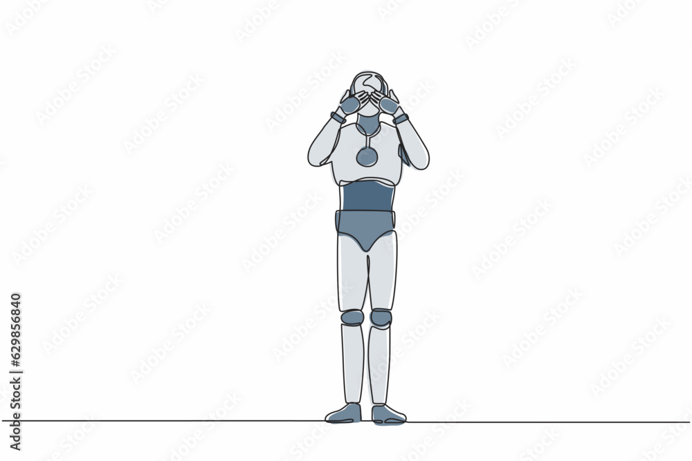 Poster single continuous line drawing robot closes his eyes with hands because of disgust and reluctance to