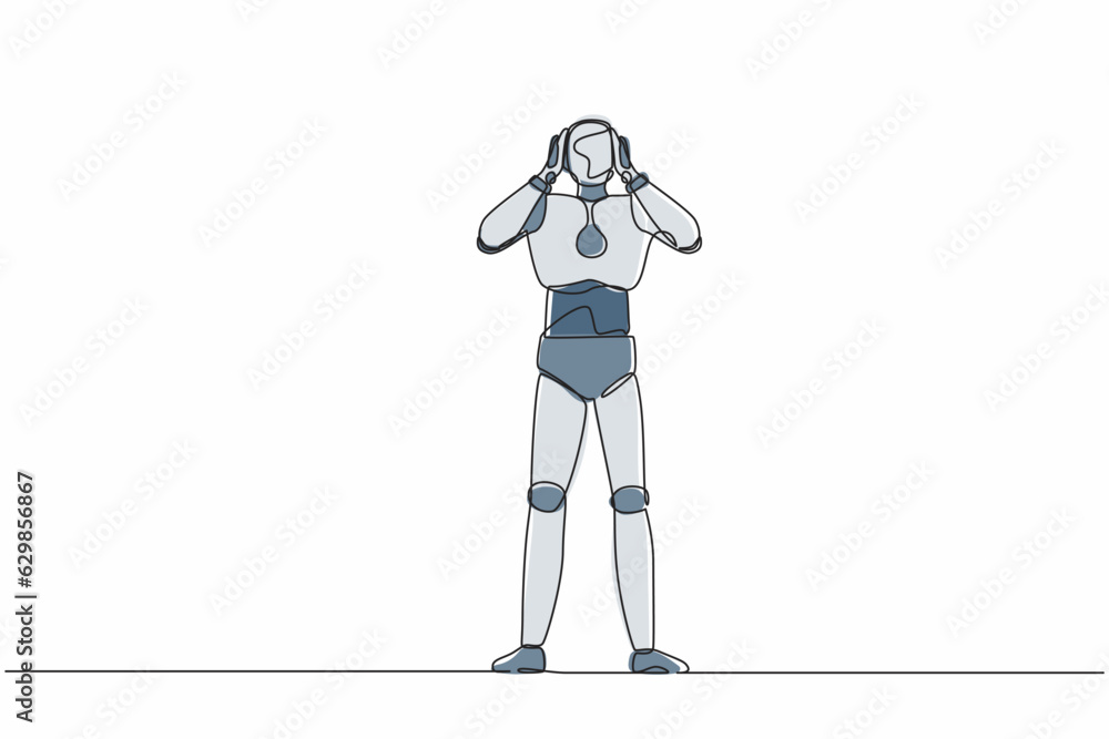 Poster continuous one line drawing robot covering or closing his ears with hands, making don't hear or list