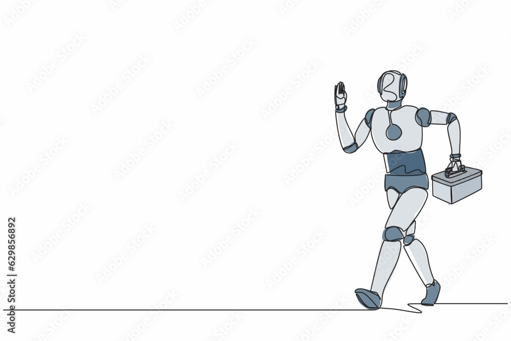 Poster continuous one line drawing robot mechanic repairman worker with tool box is running. technical serv