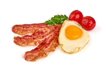 Cooked bacon rashers with egg, close-up, isolated on white background.