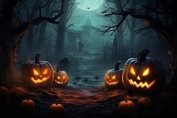 A group of pumpkins in a dark forest with a haunted house in the background.