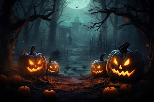 A group of pumpkins in a dark forest with a haunted house in the background.