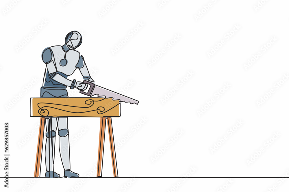 Poster single one line drawing robot repairman, builder or carpenter sawing boards. future technology devel