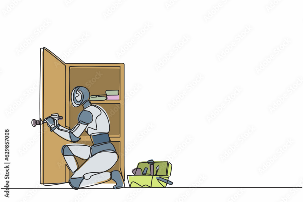 Poster continuous one line drawing robot carpenter is assembling of wardrobe or cabinet with shelves. human