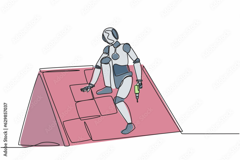Poster continuous one line drawing robot roofer installing wooden or bitumen shingle. humanoid robot cybern
