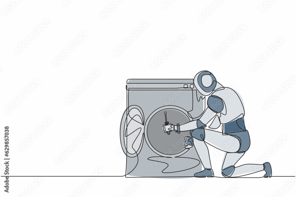 Poster single one line drawing robot repairman fixing washing machine at home. future technology developmen