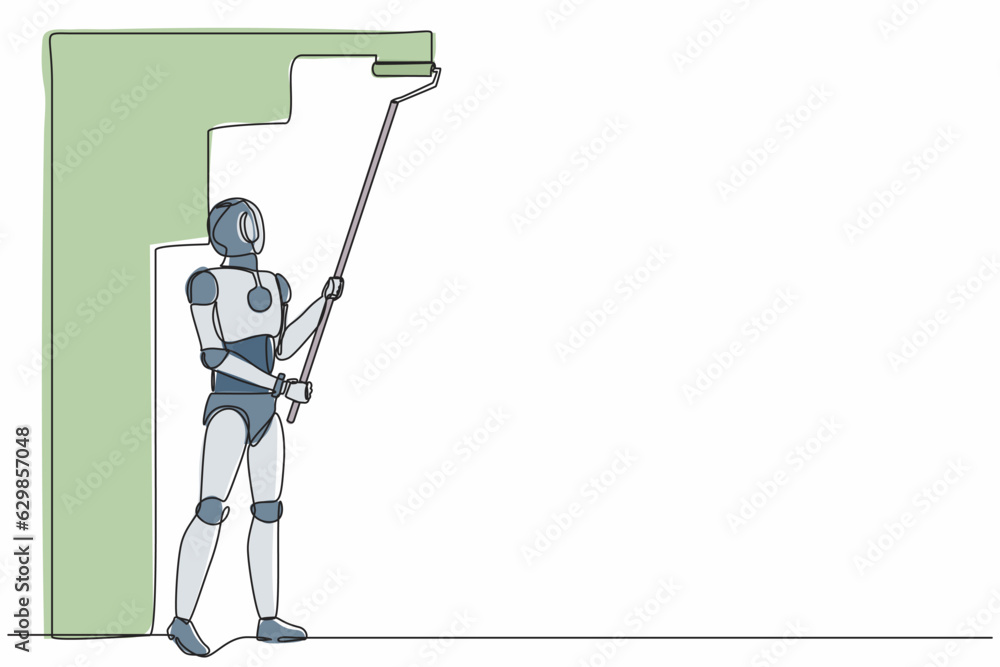 Poster single one line drawing robot painter decorator repairman people at work. future technology developm