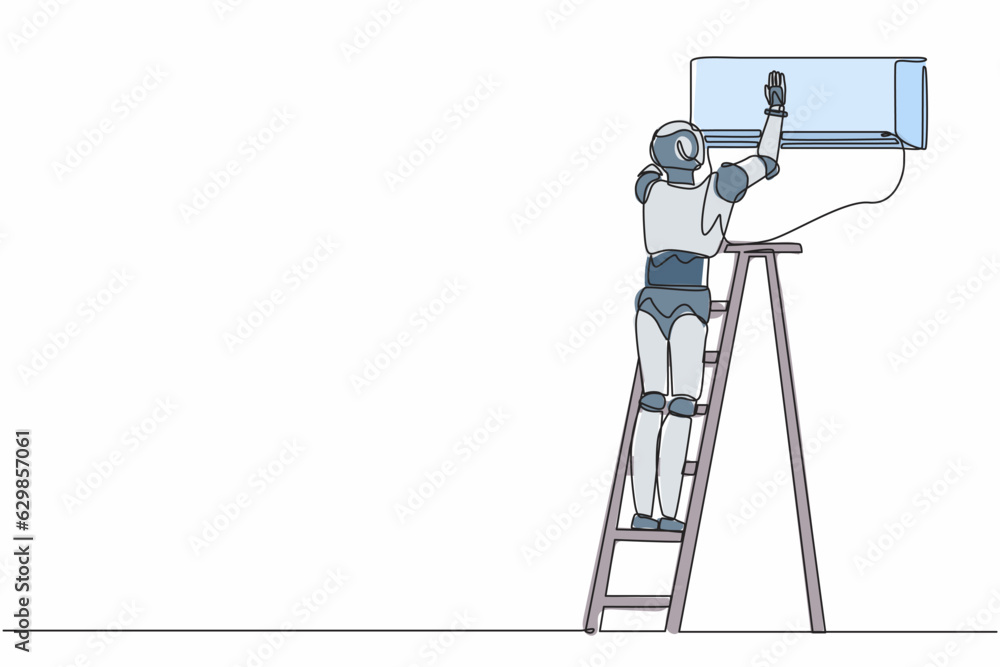 Poster single one line drawing robot repairman technician repairing air conditioner. future technology. art