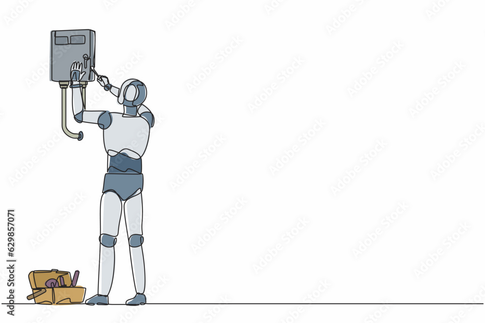 Poster single continuous line drawing robot plumber is installing water heater or boiler. robotic artificia