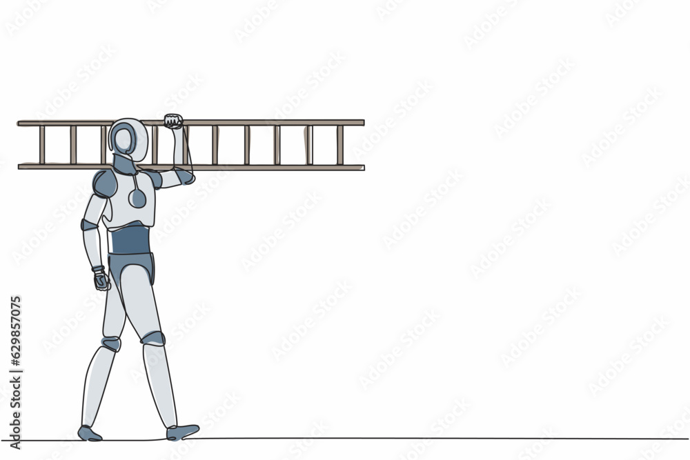 Aufkleber single continuous line drawing robot repairman walking with ladder. renovation home. robotic artific