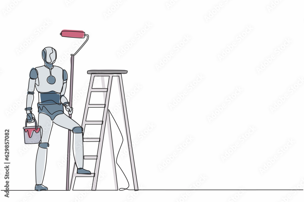 Poster single one line drawing robot painter standing with painting roller, with bucket and ladder. future 