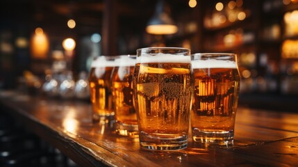Fototapeta na wymiar Draft beer in glasses on bar stand in line bar blur background