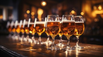 Draft beer in glasses on bar stand in line bar blur background