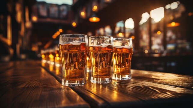 Draft beer in glasses on bar stand in line bar blur background