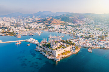 Aerial view of Bodrum ancient castle in resort town of Bodrum in Turkey at sunrise
