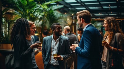 Diversify Asian seminar participants casual chat after successful conference event at lounge, ai generate