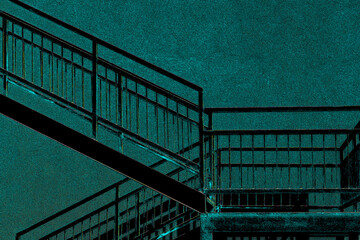 Metallic staircase landing and wall in dark emerald green night moonlight 