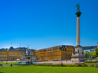 View of the new castle (Neues Schloss) and courtyard in the heart of downtown Stuttgart.